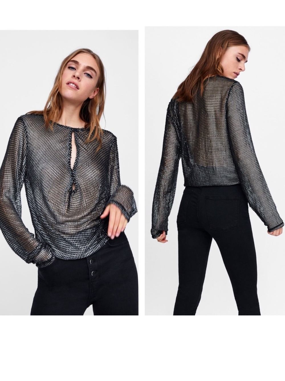 Zara Shimmery Black & Silver Open-Weave Long Sleeve Top